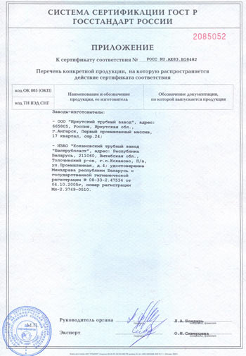 Приложение к сертификату соответствия продукции требованиям ГОСТ 18599-2001