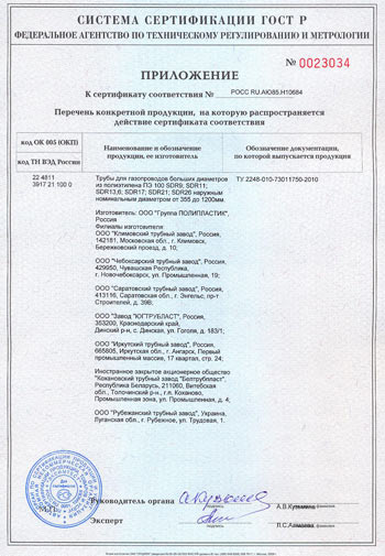 Сертификату соответствия труб для газопроводов из полиэтилена требованиям ГОСТ Р 50838-95